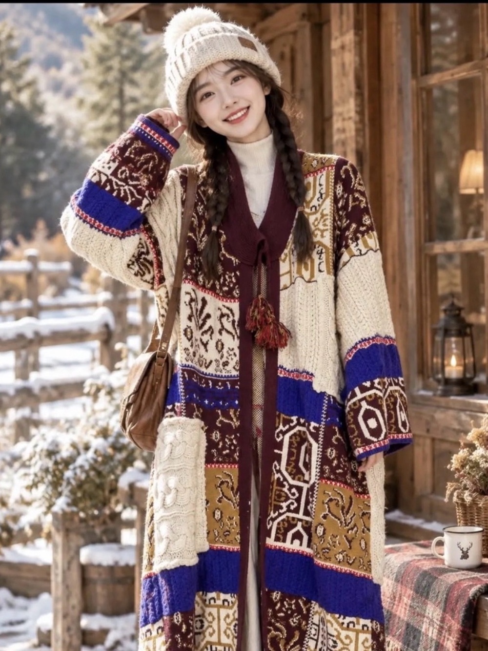 Zara Patchwork Knit Duster Coatigan in Burgundy, Royal Blue & Cream
